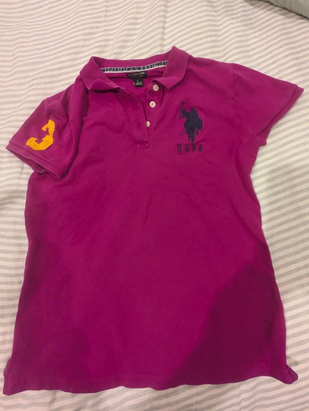 Vintage U.S. Polo Assn. Women's Magenta Polo with Yellow Sleeve Patch - L